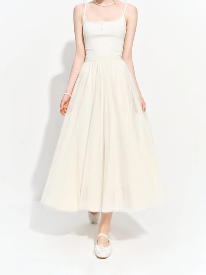 Women's Versatile Elastic Waist Mesh Midi Skirt Summer 2026 New Style Fairy Princess Banquet Wedding Bridesmaid Dress