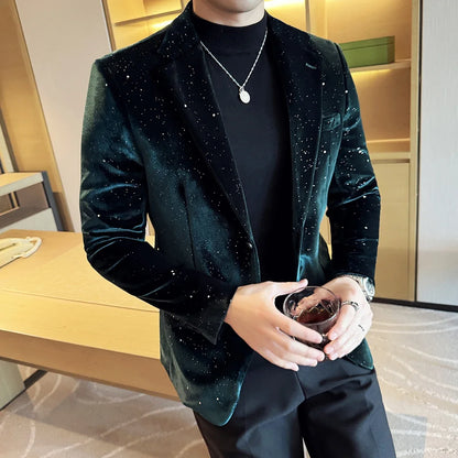 High Quality Velvet Bronzing Suit Coats Mens Sparkle Elegant Slim Business Suits Jacket Homme Formal Social Prom Party Tuxedos
