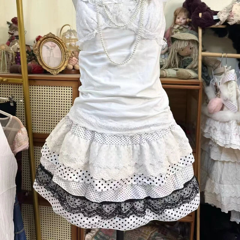 Sweet Lace Lolita Loose Skirt Women 2025 Summer Japanese Elastic Waist Patchwork Polka Dot Cake Skirts Hepburn New Vintage Skirt