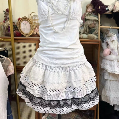 Sweet Lace Lolita Loose Skirt Women 2025 Summer Japanese Elastic Waist Patchwork Polka Dot Cake Skirts Hepburn New Vintage Skirt