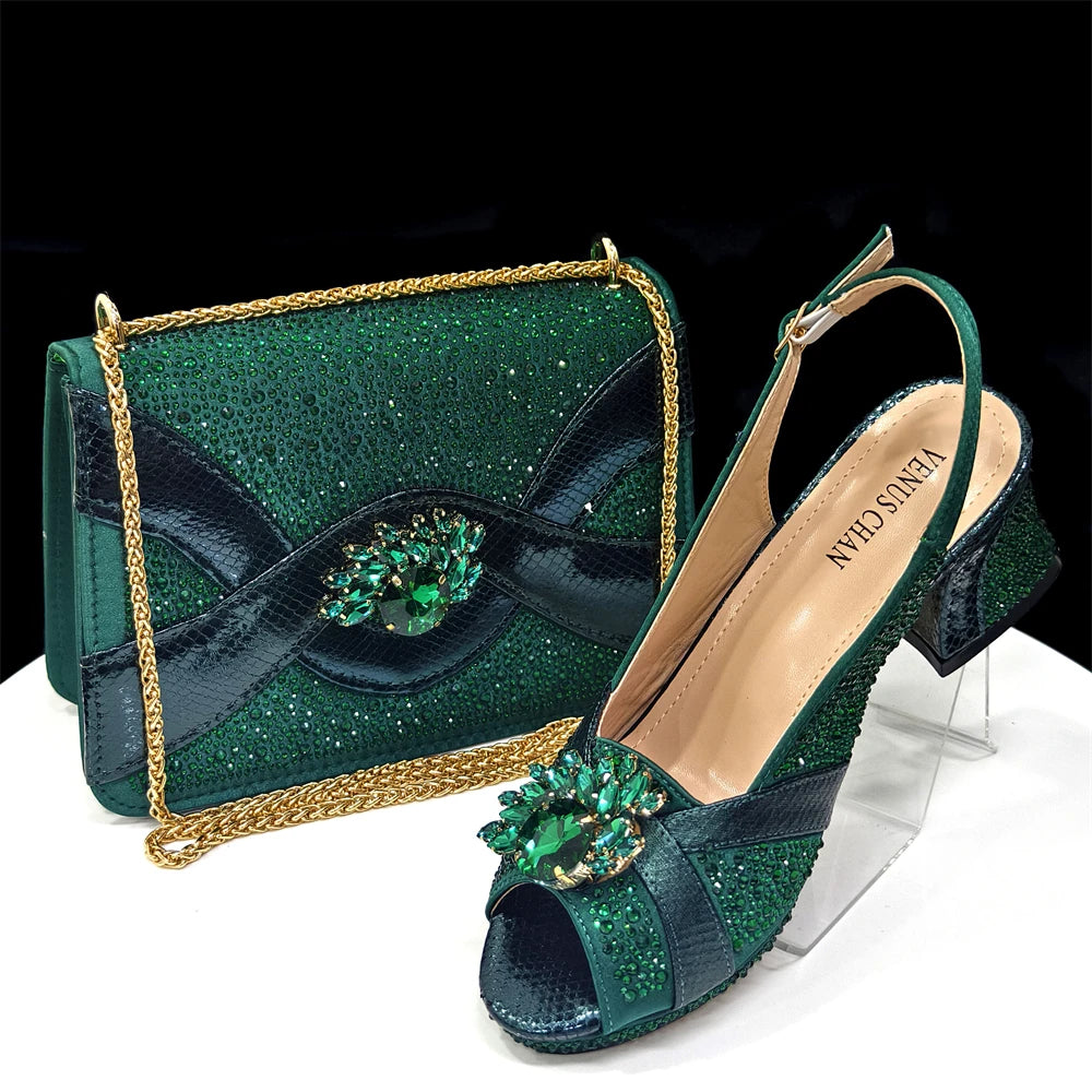 2025 Elegant Green Peep-Toe Heel Pumps for Women with Diamond Accents - Italian Matching Shoes and Bags Set for Parties