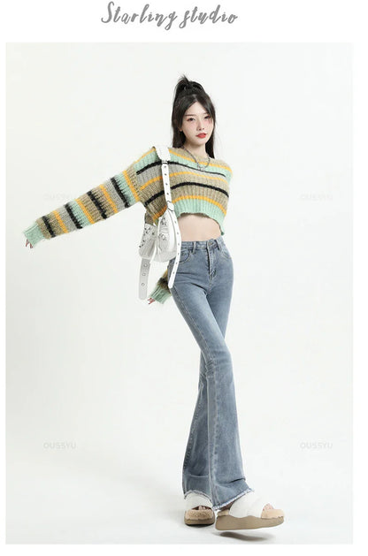 Spring Summer Flared Jeans Women Cotton Vintage Blue Denim Pants Streetwear Elastic High Waist Slim Harajuku Trouser Plus Length
