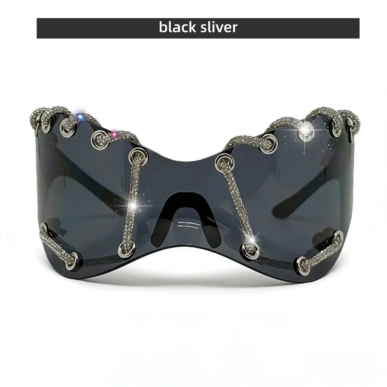 Women's Exaggerated Oversized One-Piece Rhinestone Chain Sunglasses Y2K Retro Futuristic Fashion Silver Goggles Shades for Party