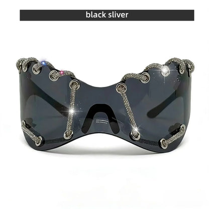 Women's Exaggerated Oversized One-Piece Rhinestone Chain Sunglasses Y2K Retro Futuristic Fashion Silver Goggles Shades for Party