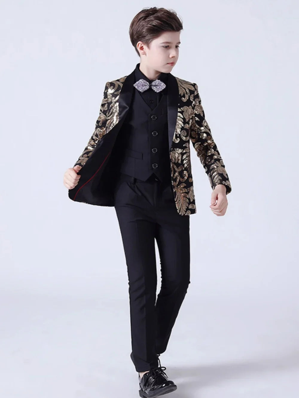 Golden Sequins Kids Suit Set 4 Pieces Wedding Ring Bearer Outfit Luxurious Shawl Lapel Boys Slim Fit Suits For Stage Performance
