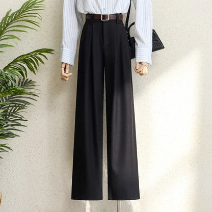 2026 New Burgundy Suits Pants for Women Office Lady Elegant High Waist Wide Leg Fashion Trousers with Pockets Black Gray