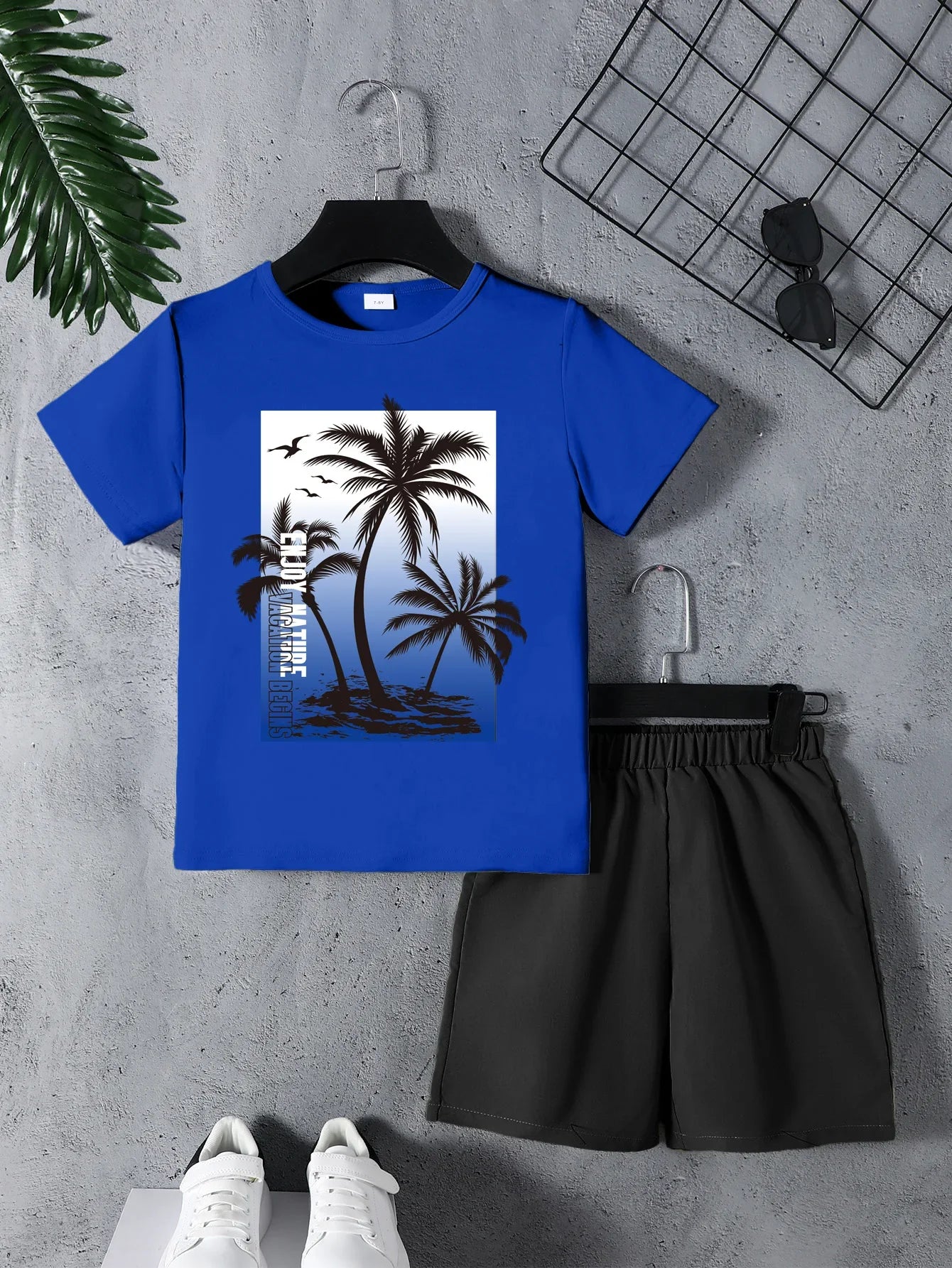 Summer Big Kids 2pcs Set Hawaii Beach Coconut Tree Letter Print Knitted Loose Short Sleeve with Workwear Shorts Ensemble