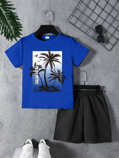 Summer Big Kids 2pcs Set Hawaii Beach Coconut Tree Letter Print Knitted Loose Short Sleeve with Workwear Shorts Ensemble