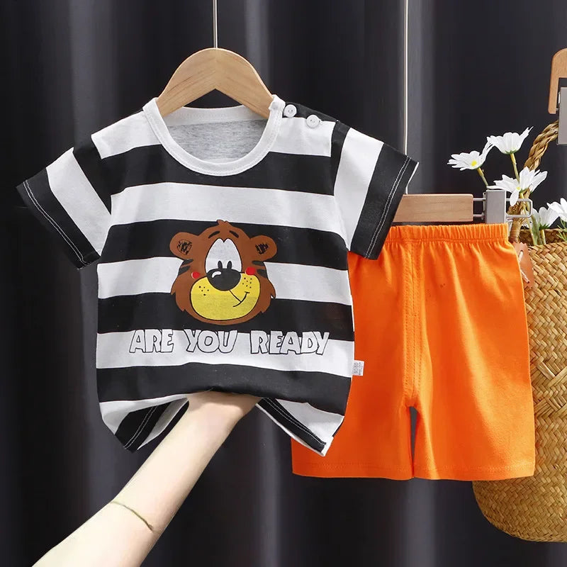 Cotton Short Sleeve T-shirts and Shorts 2PCS Breathable Outfit For Girls New Boys Summer Clothing Set Full Bear Print