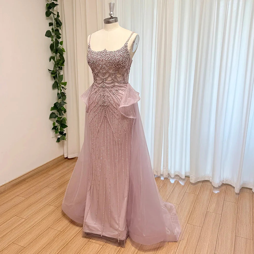 Luxury Beaded Mermaid Evening Dress Spaghetti Strap Detachable Overlay Formal Prom Wedding Party Gown Customized