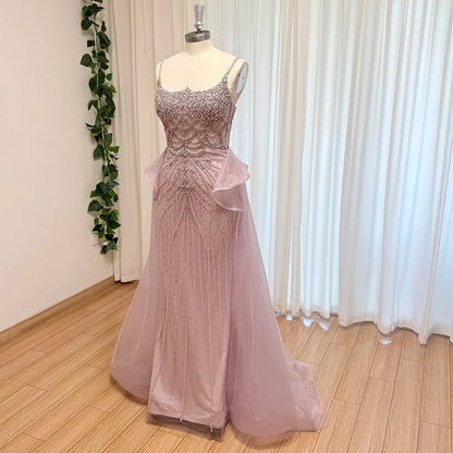 Luxury Beaded Mermaid Evening Dress Spaghetti Strap Detachable Overlay Formal Prom Wedding Party Gown Customized