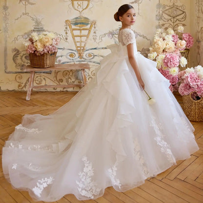 White Lace Tulle Flower Girl's Dresses for Wedding Bow Appliqued Ruffles First Communion Dress Baby Girl's Birthday Party Gowns