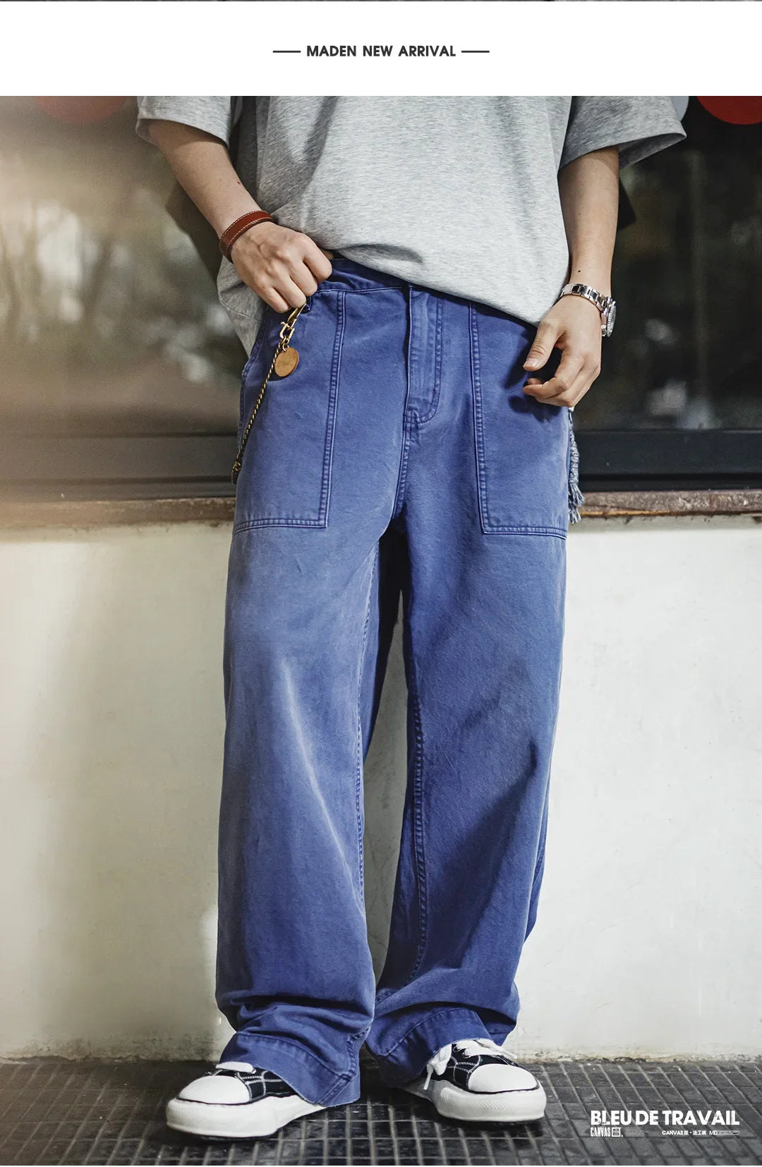 Men‘s Vintage Washed Denim Jeans Blue Cotton Canvas Workwear Zipper Pants Loose Fit Casual Trousers for Spring and Autum
