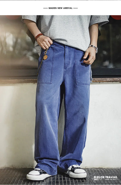 Men‘s Vintage Washed Denim Jeans Blue Cotton Canvas Workwear Zipper Pants Loose Fit Casual Trousers for Spring and Autum