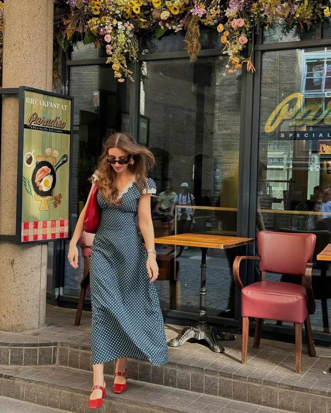 2025 Women Navy Blue Polka Dot Long Dress Lace Trim V Neck Short Sleeve A-line Elegant Holiday Dresses Summe Maxi Robe