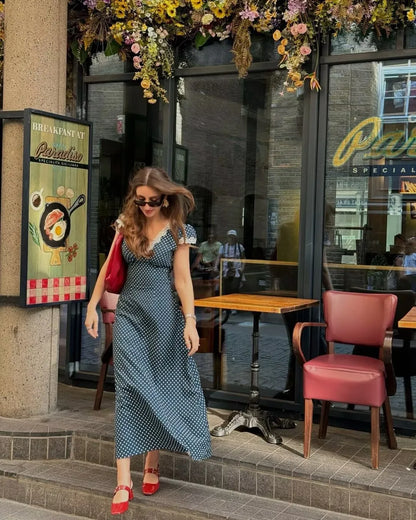 2025 Women Navy Blue Polka Dot Long Dress Lace Trim V Neck Short Sleeve A-line Elegant Holiday Dresses Summe Maxi Robe