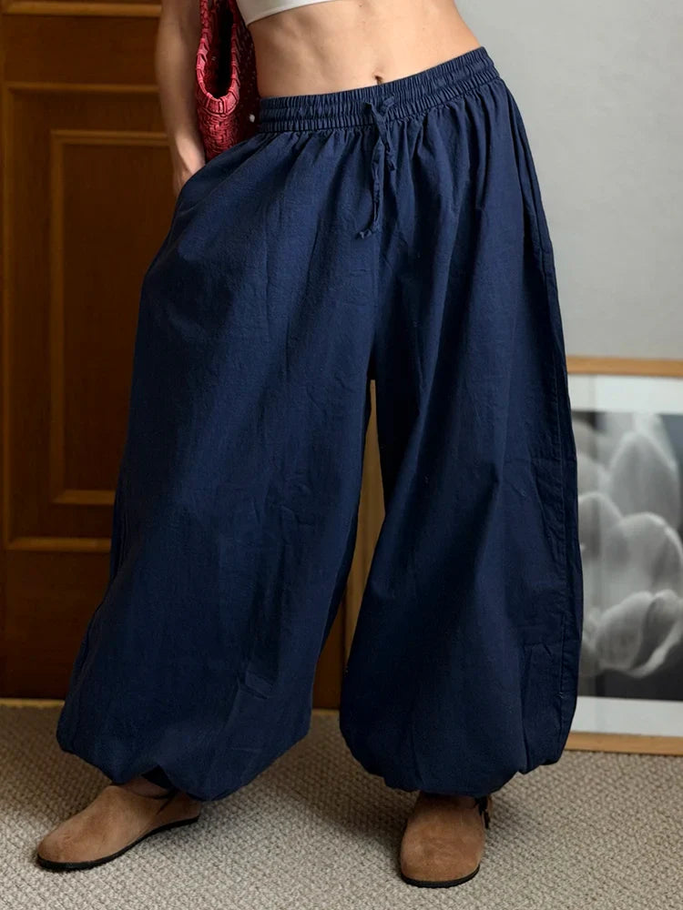 Summer Cotton Oversized Pants For Women Blue Baggy Aladdin Trousers Elastic Bloomers Navy Blue Cropped Lantern Harem Pants Woman