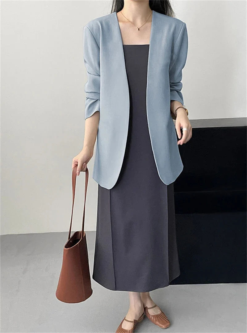 Fashion New Solid Casual Joker Women's Blazer Spring Autumn No Placket Cardigan Suit Jackets V-neck Long Sleeve 19-Color Coats