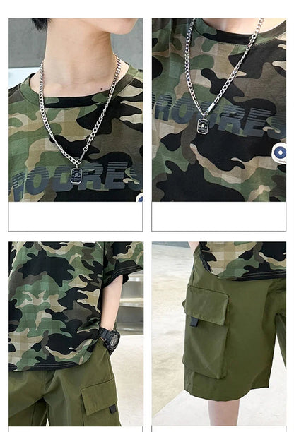 Kids Summer Set Causal Camouflage Sportswear Two Piece Clothing Set for Teenage Boy Short Sleeve T-shirt Shorts Tracksuit Outfit