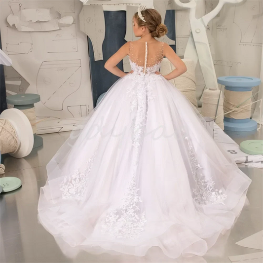 Elegant White Puffy Tulle Flower Girl Dresses With Bows For Wedding Princess Ball Gown Lace Appliques First Communion Gowns