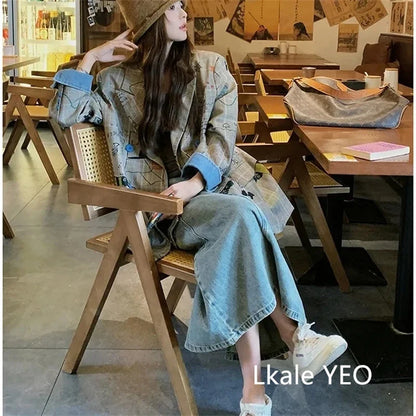 Women's Blazer Jacket 2025 Spring Autumn Fashion Graffiti Printed Ladies Lattice Suit Coat Casual Korean Version Lady Outerwear