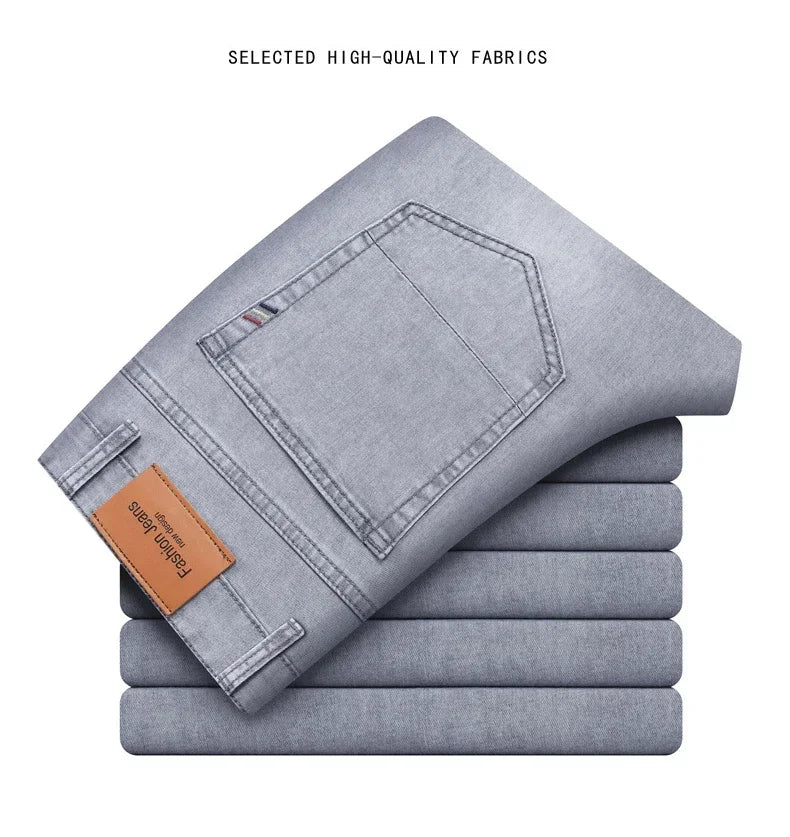 Summer Brand Men's Fit Straight Lightweight Cotton Stretch Jeans Business Casual High Waist Thin Light Grey Jeans mens pants