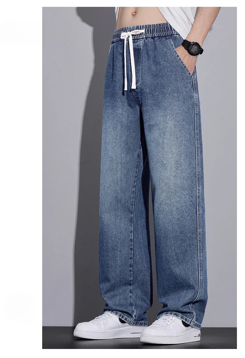 Men's Clothing Wide-leg Pants Baggy Jeans Streetwear Straight Fashion Denim Trousers Y2k Vintage Washed Elastic Waist Man Pants