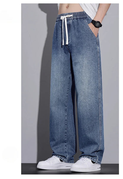 Men's Clothing Wide-leg Pants Baggy Jeans Streetwear Straight Fashion Denim Trousers Y2k Vintage Washed Elastic Waist Man Pants