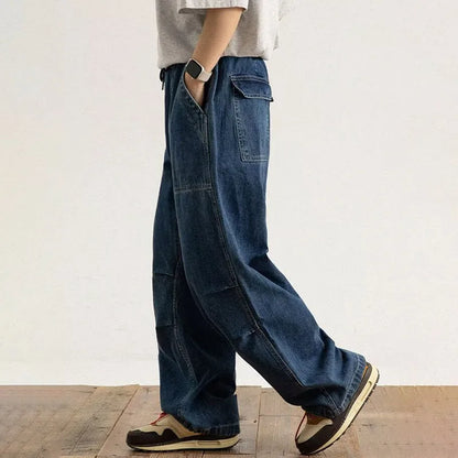 Spring And Autumn Japanese Style Oversized Straight Leg Jeans Loose Drawstring Workwear Pants Wide Leg Pants  Men'S Pants