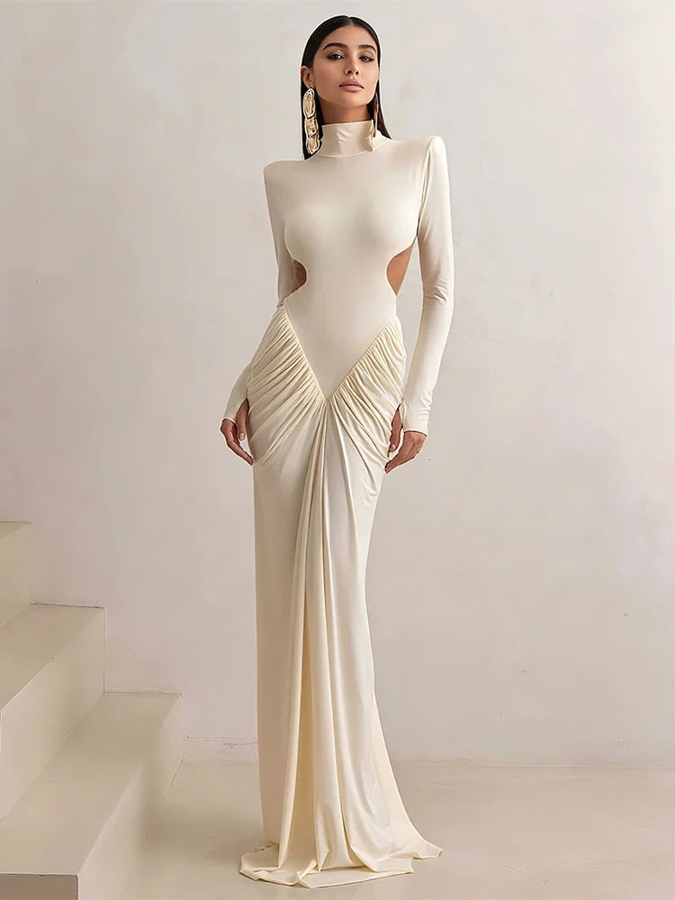 Shirring Sheath Maxi Dresses High Street Classic Full Sleeve Straight Shoulder Backless Vestidos Mujer Evening Wear