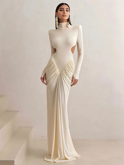 Shirring Sheath Maxi Dresses High Street Classic Full Sleeve Straight Shoulder Backless Vestidos Mujer Evening Wear