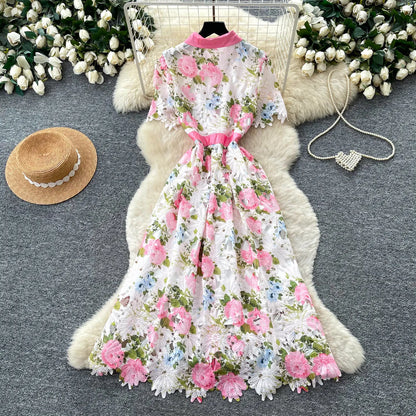 Embroidery Flower Vacation Dress French Style Blet Lapel Slim High Quality Hollow Out Ladies Elegant A-line Long Dress