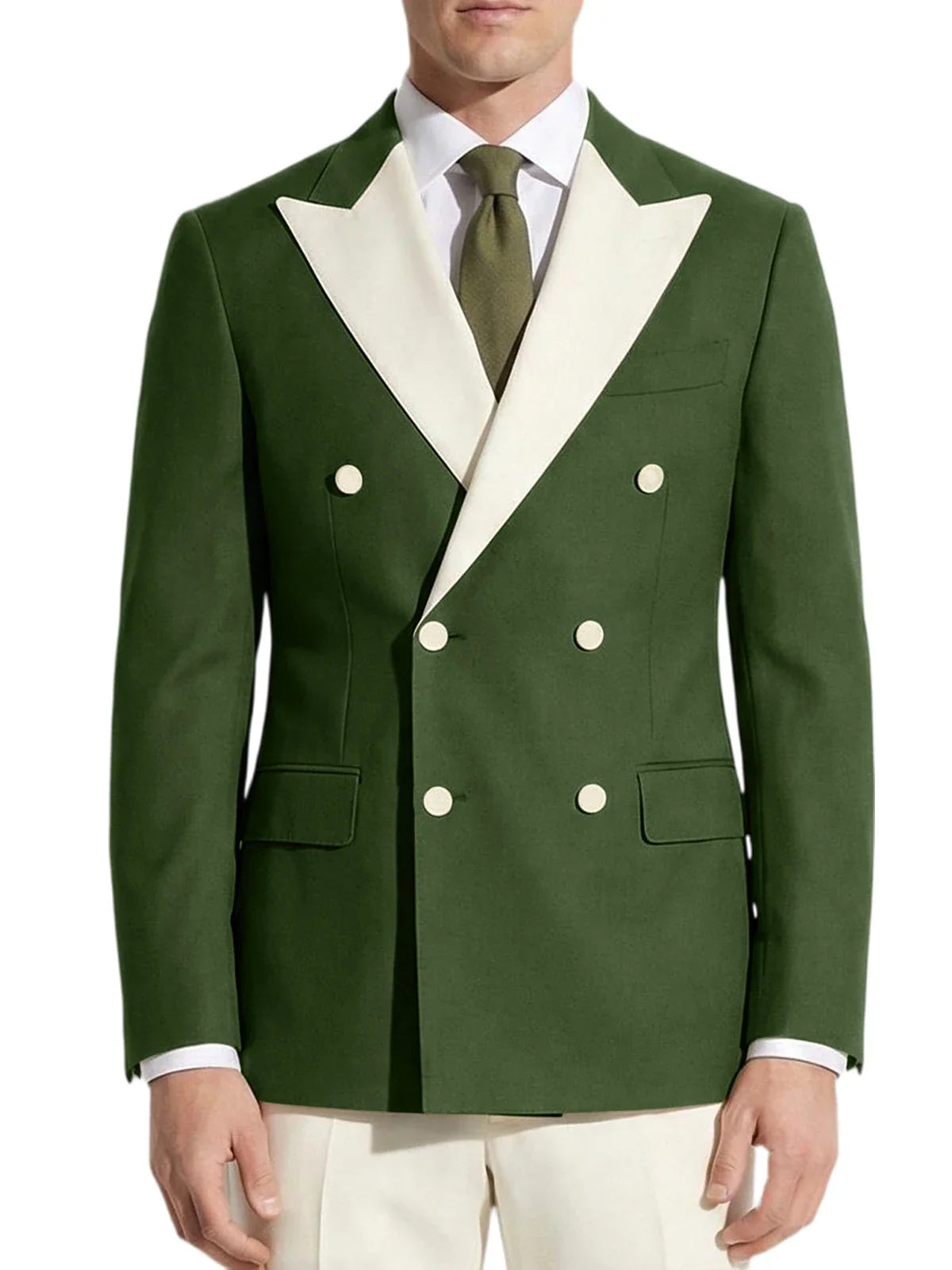 Classic Men's Tuxedo Jacket White Peak Lapel Patched Double Breasted Slim Fit Blazer for Business Formal Wedding Groom Prom Coat