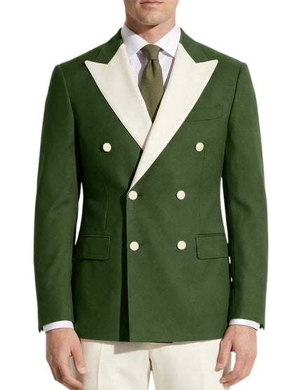 Classic Men's Tuxedo Jacket White Peak Lapel Patched Double Breasted Slim Fit Blazer for Business Formal Wedding Groom Prom Coat