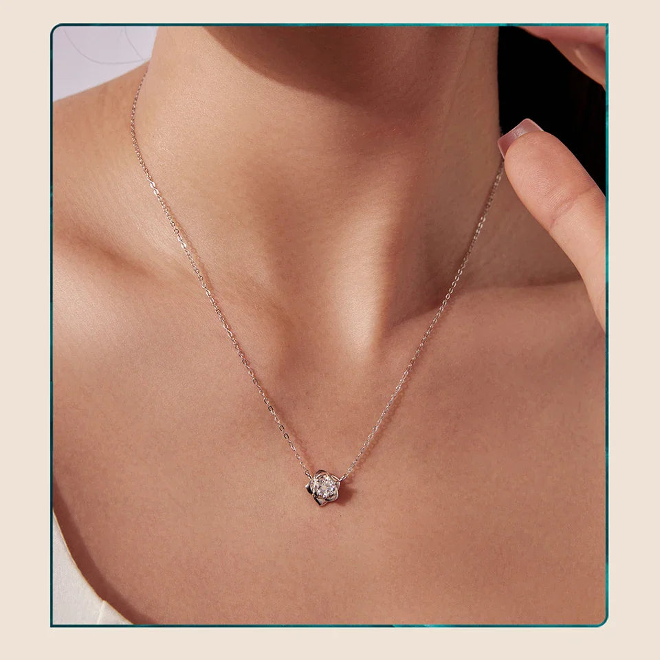 0.5CT Moissanite Rose Flower Pendant Necklace 925 Sterling Silver Round Cut Diamond O-Chain for Women Valentine's Day