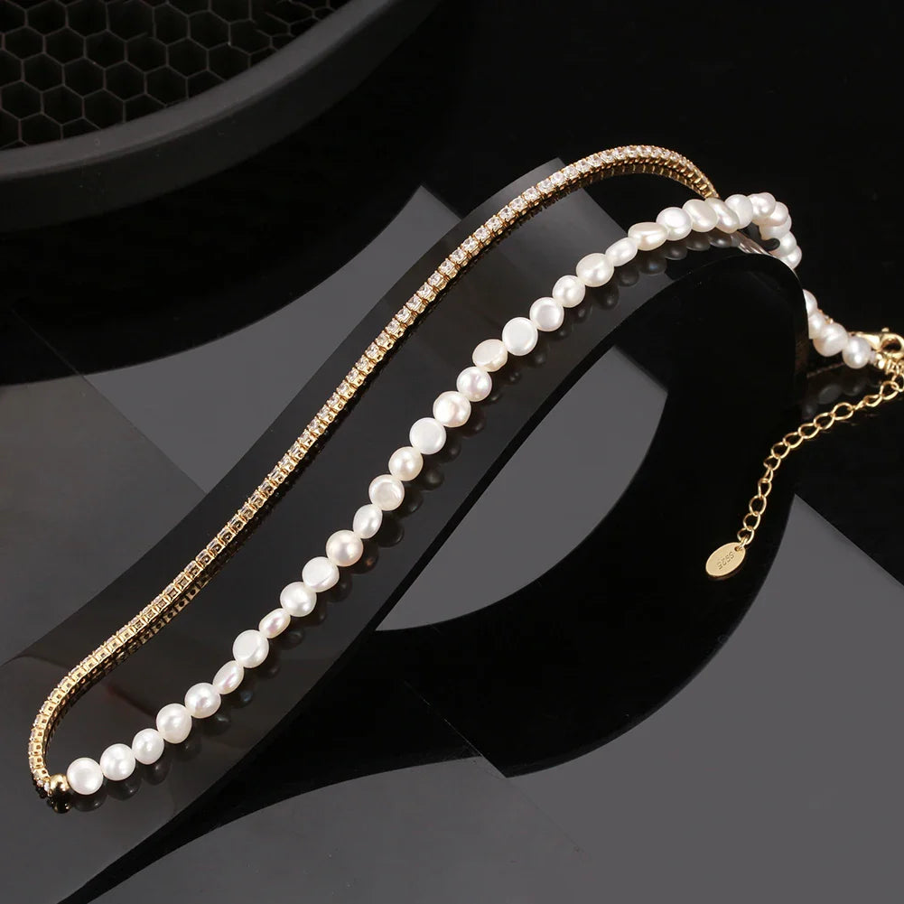 925 Sterling Silver Pearl Choker Necklace Handmade 5-6mm Handpicked Freashwater Pearl Chain for Women Jewelry GPN26