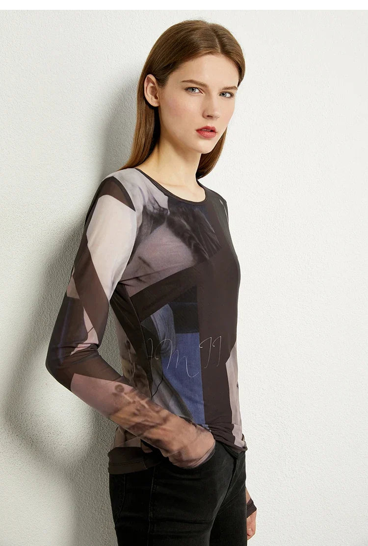 Minimalism Long sleeve T-shirts for Women 2025 Autumn New Bottoming Shirt Mesh Printing Inside Slim Trendy Tops 12421003