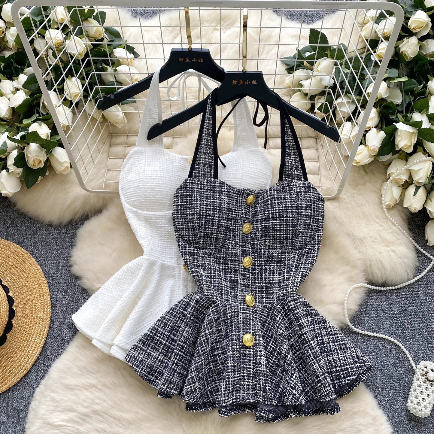 American Summer Women Camisole Halter Buttons Y2K Solid Slim Fit Tops Fashion Chic Tweed Design Hotsweet Tank Top