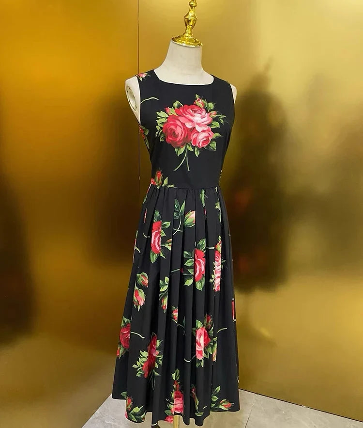 2026 Spring Women's New Fashion Round Neck Sleeveless Cotton Printed Tie a belt Waist cinching Dress