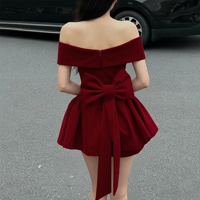 Fashion Red Bowknot Mini Dress Straps Square Collar Sleeveless Backless Vintage Cute Ladies Slim Party Short A-line Dresses