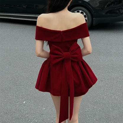Fashion Red Bowknot Mini Dress Straps Square Collar Sleeveless Backless Vintage Cute Ladies Slim Party Short A-line Dresses