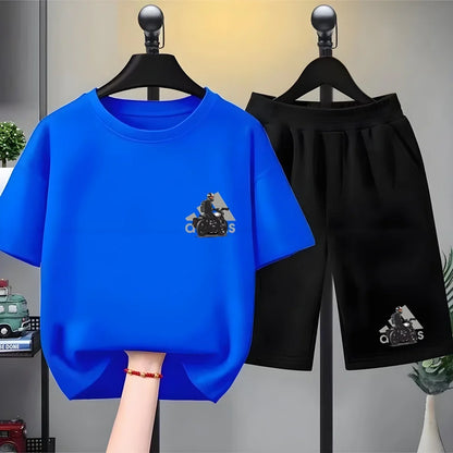 Kids black Summer Leisure Short Sleeve T-shirts+shorts Suits 3-12 Years Boys Girls Casual Outfits Children 2pcs Brand Clothes