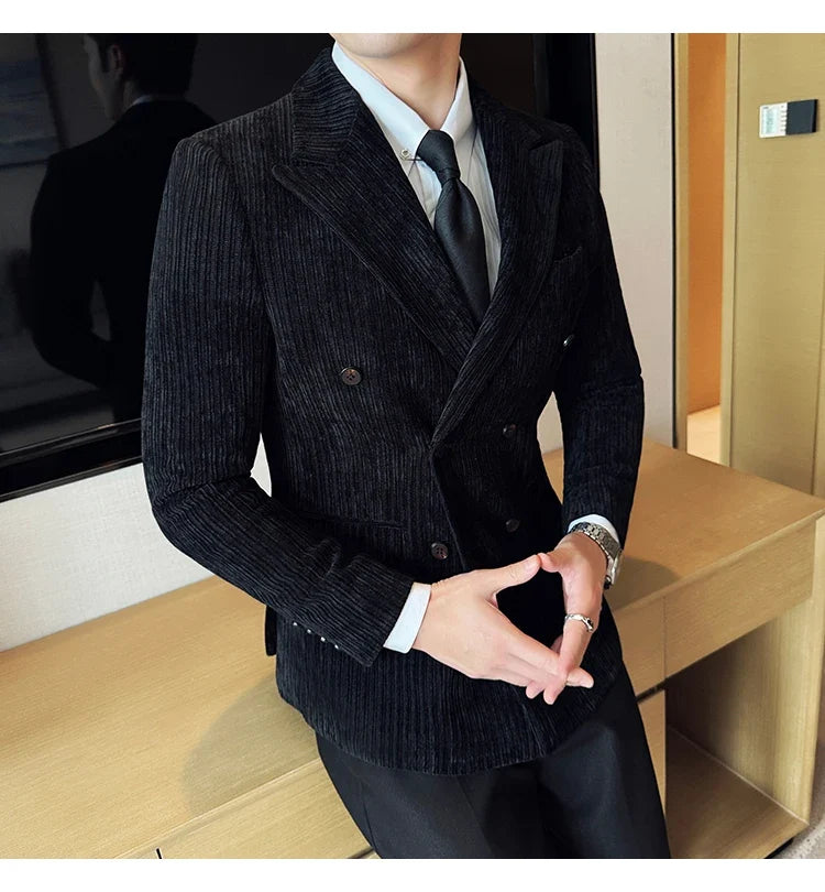 Autumn Winter New Men Corduroy Suit Jackets Double-Breasted Striped Slim Fit Casual Coats High Quality Formal Business Tailcoat