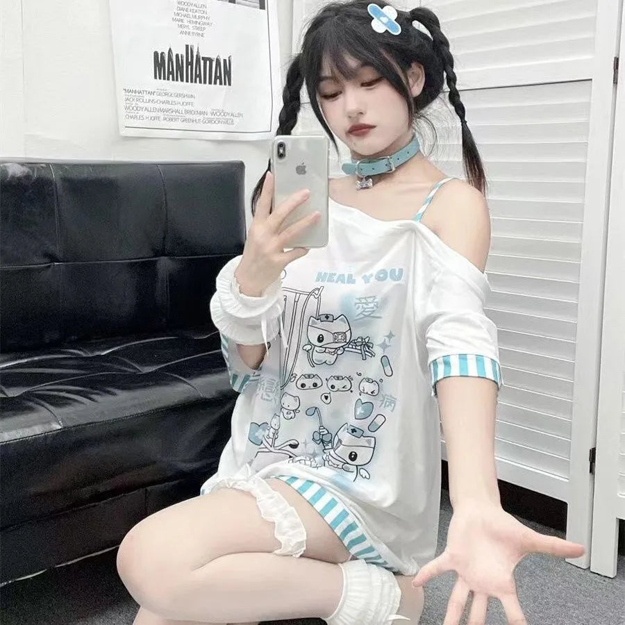 Japanese Harajuku Sweet Graphic T Shirts Women Cat Print Summer Off shoulder Top Short-sleeve Oversize Tees Loose Casual T shirt