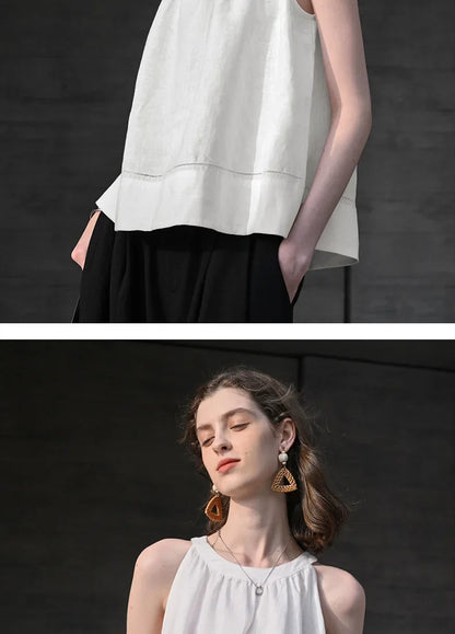 100% Linen Halter Tops Women 2026 Summer New Round Neck Sleeveless Tank Top French Office Ladies Loose Camisoles