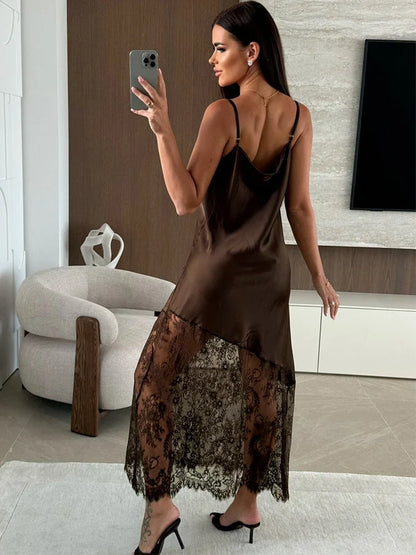 Trendix Hollow Out Lace Dress Women 2025 Winter Sexy V Neck Sleeveless Spaghetti Strap Dresses Party Club Elegant Evening Dress