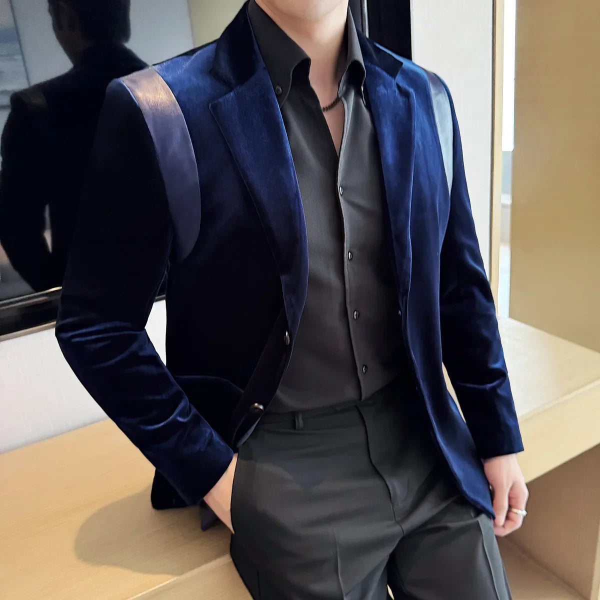 Leather Splicing Mercerized Velvet Suit Jacket 2025 Autumn New Men's High-end Business Slim Fit Fashion Party Tailcoat 4XL-M