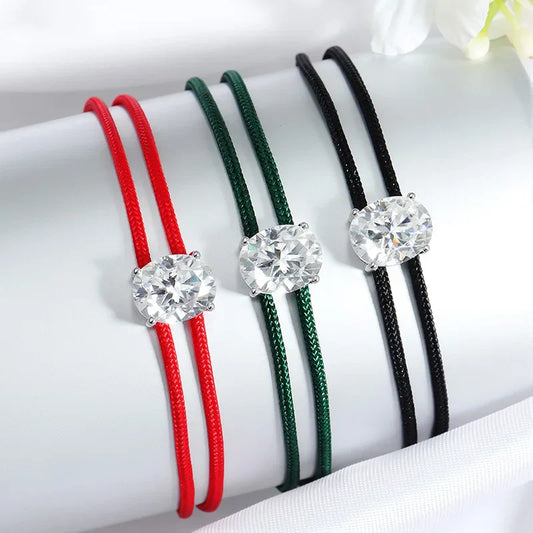 Bracelets Moissanite Ovale 3CT en Cordon Tressé pour Femmes Hommes Réglable Nœud Coulissant Délicate Chaîne en Argent Pur S925 D VVS1