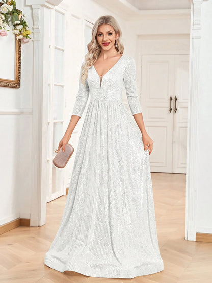 Luxury V Neck Long Sleeves Blue Sequins Formal Evening Dress Women 2025 Wedding Party Prom Maxi Cocktail Dress Gowns