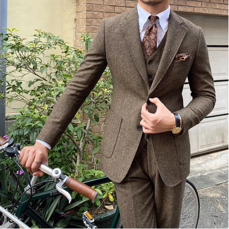 New Retro Herringbone Slim Fit Men's Suit Gentlemen's 3-piece Suit Single Breasted Handsome Autumn Winter Business Casual Formal